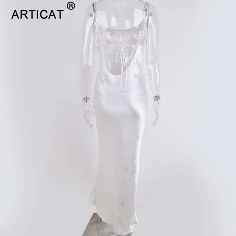 Articat Gold Satin Lace Up Sexy Party Dress Women Strap Backless Silk Long Dress Elegant Club Evening Soft Winter Dress Vestidos