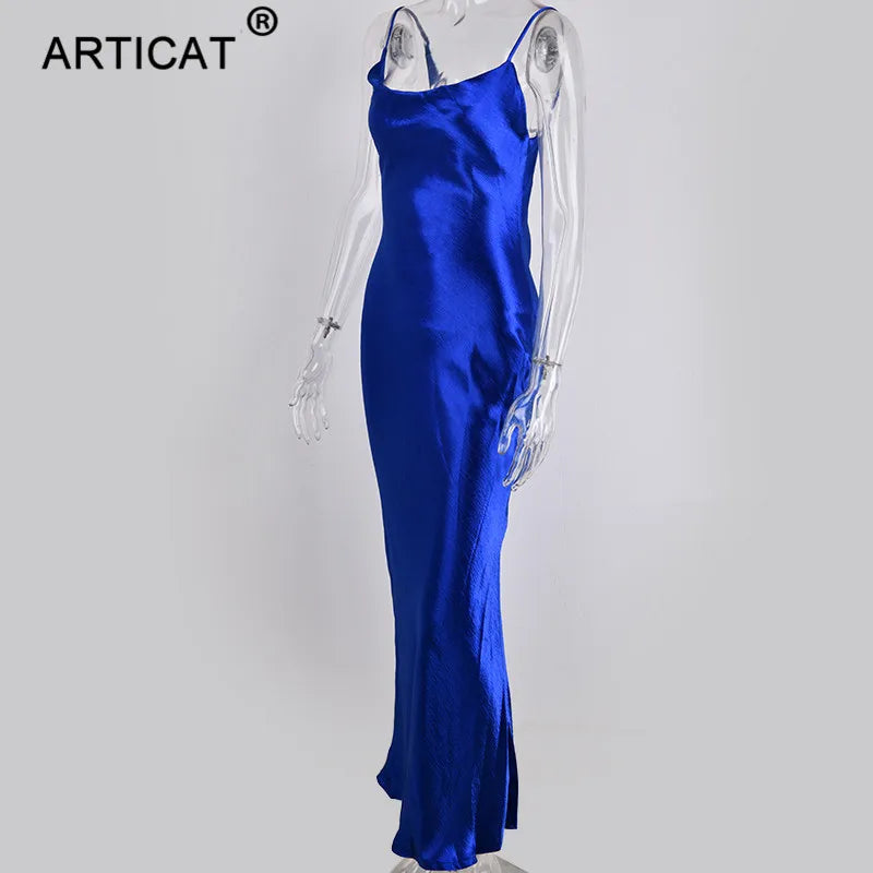 Articat Gold Satin Lace Up Sexy Party Dress Women Strap Backless Silk Long Dress Elegant Club Evening Soft Winter Dress Vestidos
