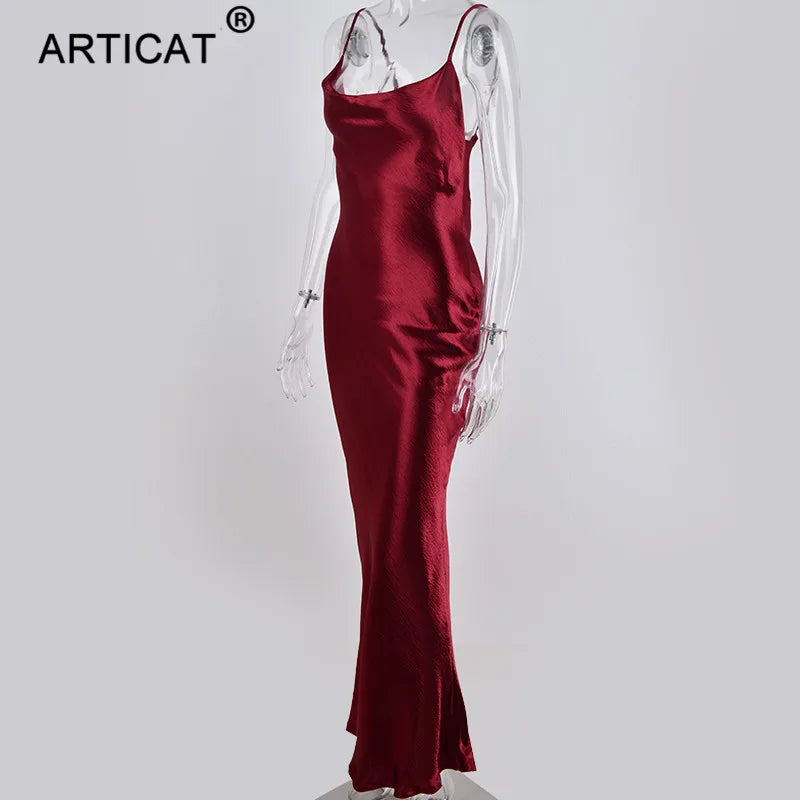 Articat Gold Satin Lace Up Sexy Party Dress Women Strap Backless Silk Long Dress Elegant Club Evening Soft Winter Dress Vestidos