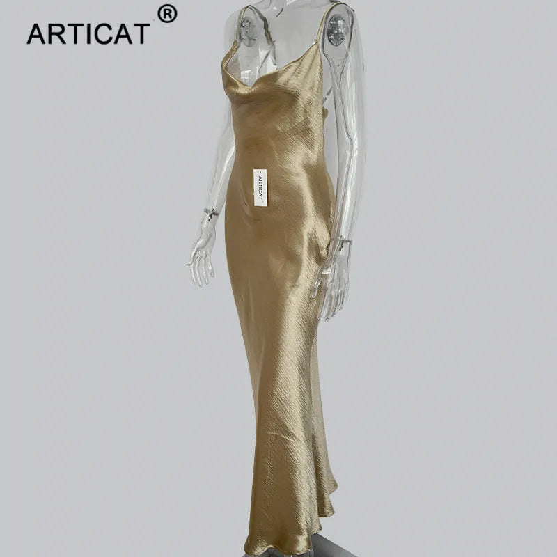 Articat Gold Satin Lace Up Sexy Party Dress Women Strap Backless Silk Long Dress Elegant Club Evening Soft Winter Dress Vestidos