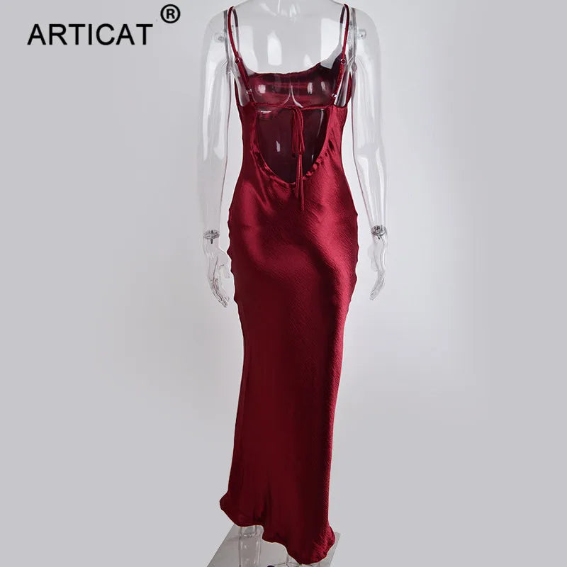 Articat Gold Satin Lace Up Sexy Party Dress Women Strap Backless Silk Long Dress Elegant Club Evening Soft Winter Dress Vestidos