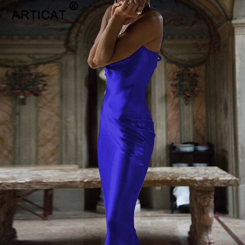 Articat Gold Satin Lace Up Sexy Party Dress Women Strap Backless Silk Long Dress Elegant Club Evening Soft Winter Dress Vestidos