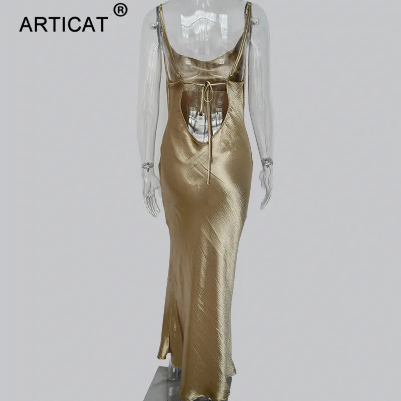 Articat Gold Satin Lace Up Sexy Party Dress Women Strap Backless Silk Long Dress Elegant Club Evening Soft Winter Dress Vestidos