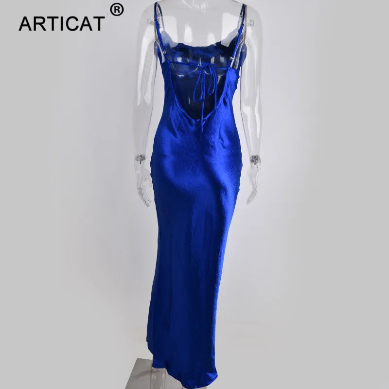 Articat Gold Satin Lace Up Sexy Party Dress Women Strap Backless Silk Long Dress Elegant Club Evening Soft Winter Dress Vestidos