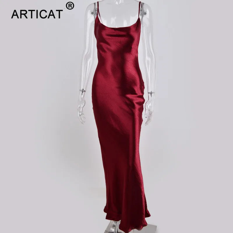 Articat Gold Satin Lace Up Sexy Party Dress Women Strap Backless Silk Long Dress Elegant Club Evening Soft Winter Dress Vestidos