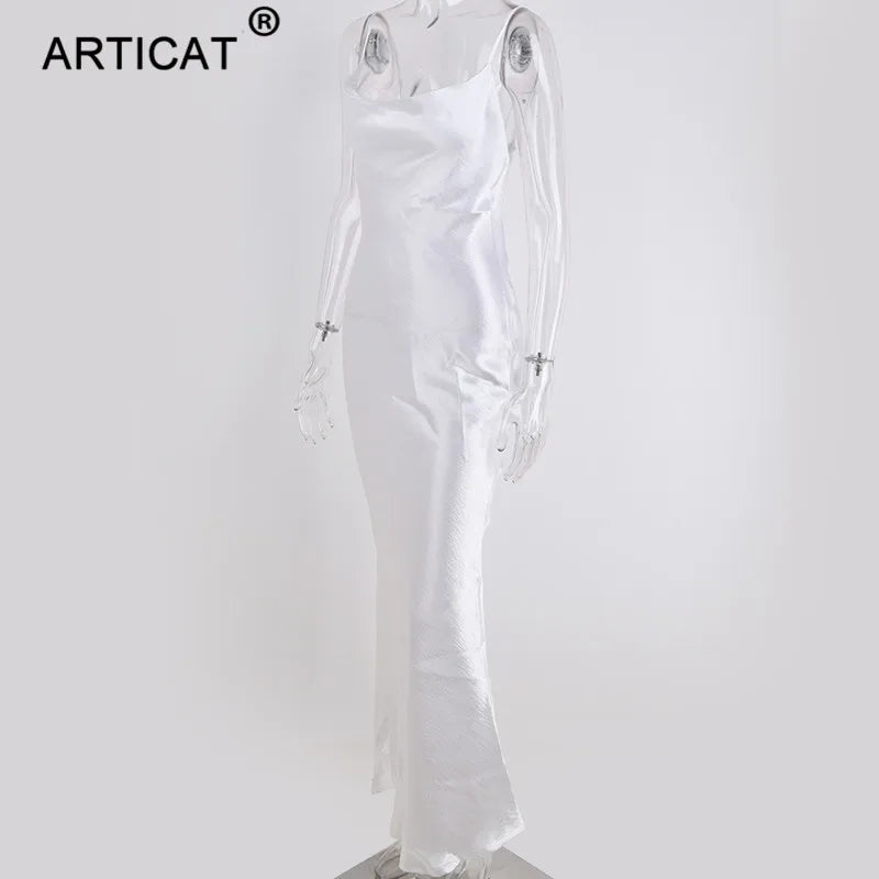 Articat Gold Satin Lace Up Sexy Party Dress Women Strap Backless Silk Long Dress Elegant Club Evening Soft Winter Dress Vestidos