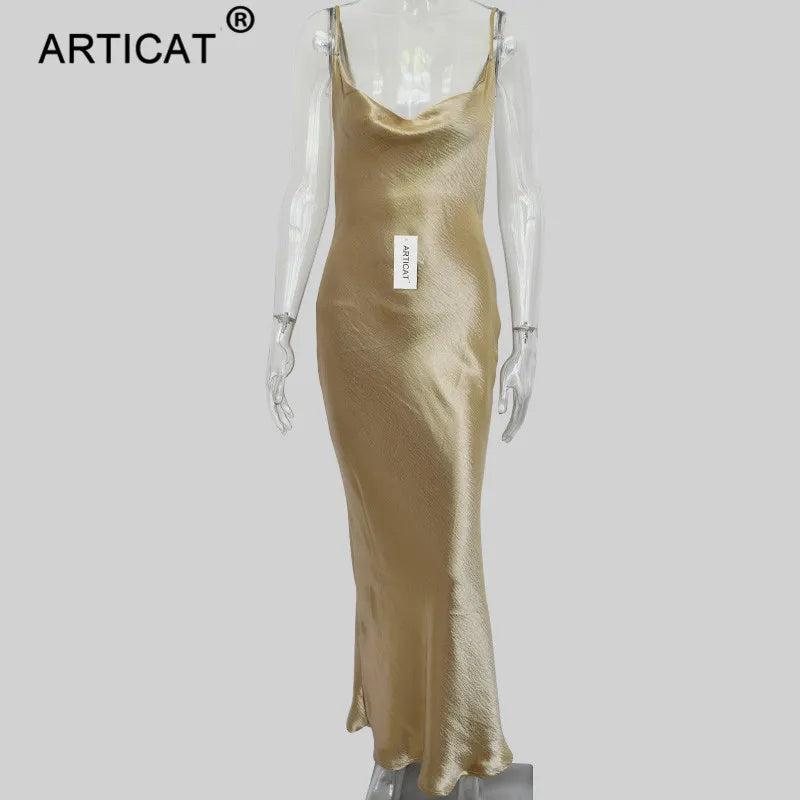 Articat Gold Satin Lace Up Sexy Party Dress Women Strap Backless Silk Long Dress Elegant Club Evening Soft Winter Dress Vestidos