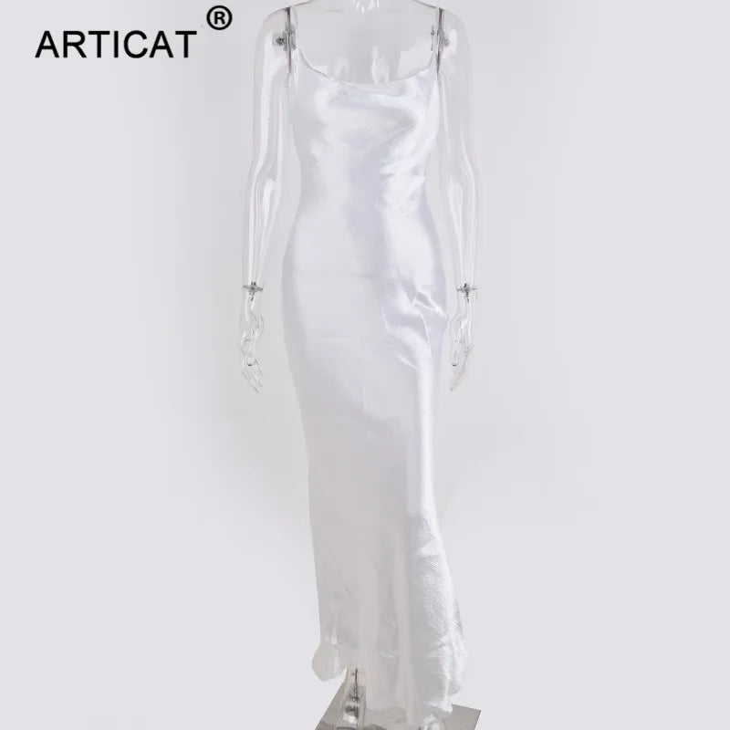 Articat Gold Satin Lace Up Sexy Party Dress Women Strap Backless Silk Long Dress Elegant Club Evening Soft Winter Dress Vestidos