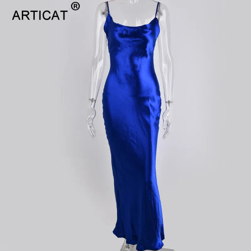 Articat Gold Satin Lace Up Sexy Party Dress Women Strap Backless Silk Long Dress Elegant Club Evening Soft Winter Dress Vestidos