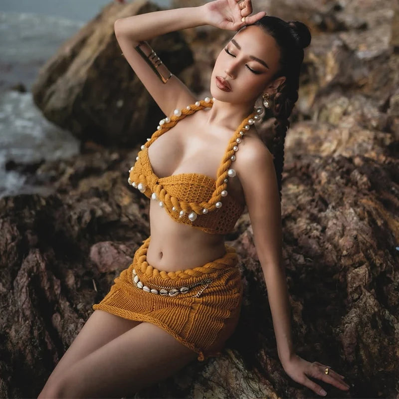 Sexy Beading Halter Bikini Mini Skirt Sets Women Crochet Crop Top High Waist Hip Package Skirts 2024 Summer Solid Lady Outfit