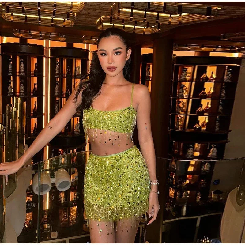 Sexy Sequins Tassel Skirt Sets Women Sling Crop Tops Hip Package A-line Short Skirts 2025 Summer Chic Beach Party Outfits Lady