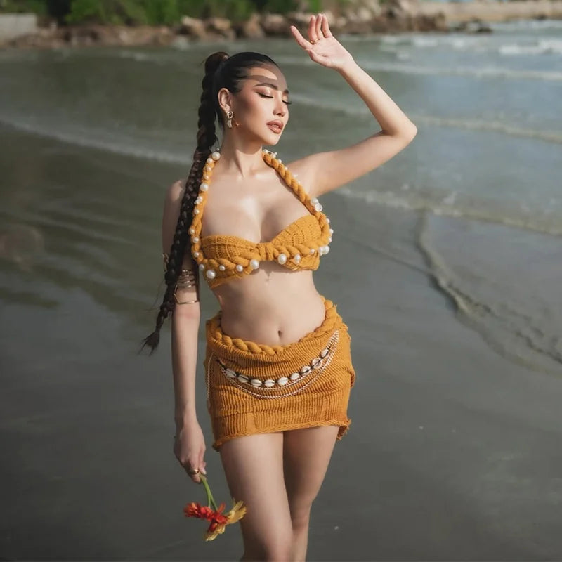 Sexy Beading Halter Bikini Mini Skirt Sets Women Crochet Crop Top High Waist Hip Package Skirts 2024 Summer Solid Lady Outfit