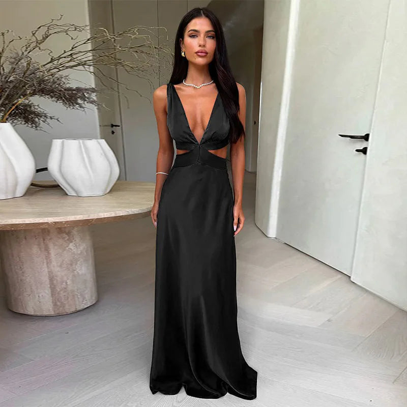 Tornova Deep V neck Hollow Long Dress Female Sleeveless Slit Beach Vacation Dress Solid Color High Waist Bodycon Women's Dress