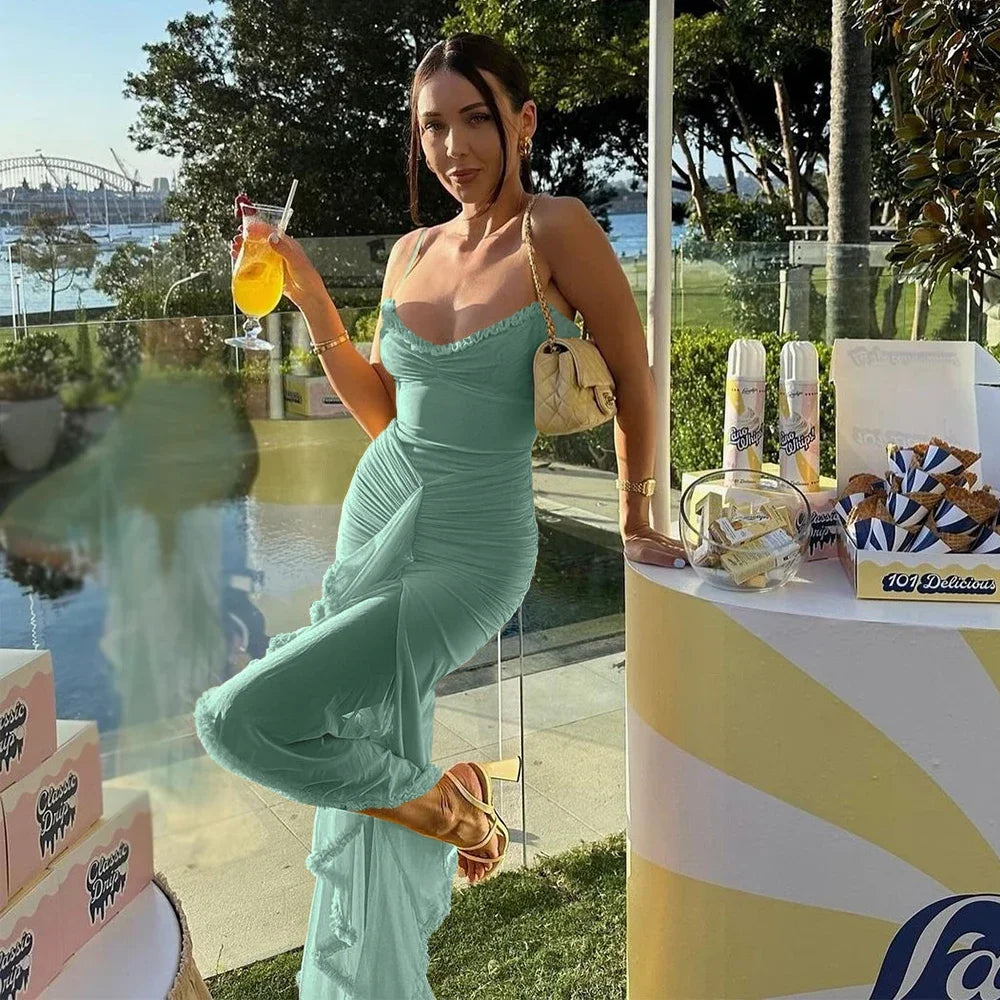 Suninheart Irregular Mesh Party Dresses 2025 New Arrivals Spaghetti Strap Bodycon Dress Fashion Ruched Long Dress Women