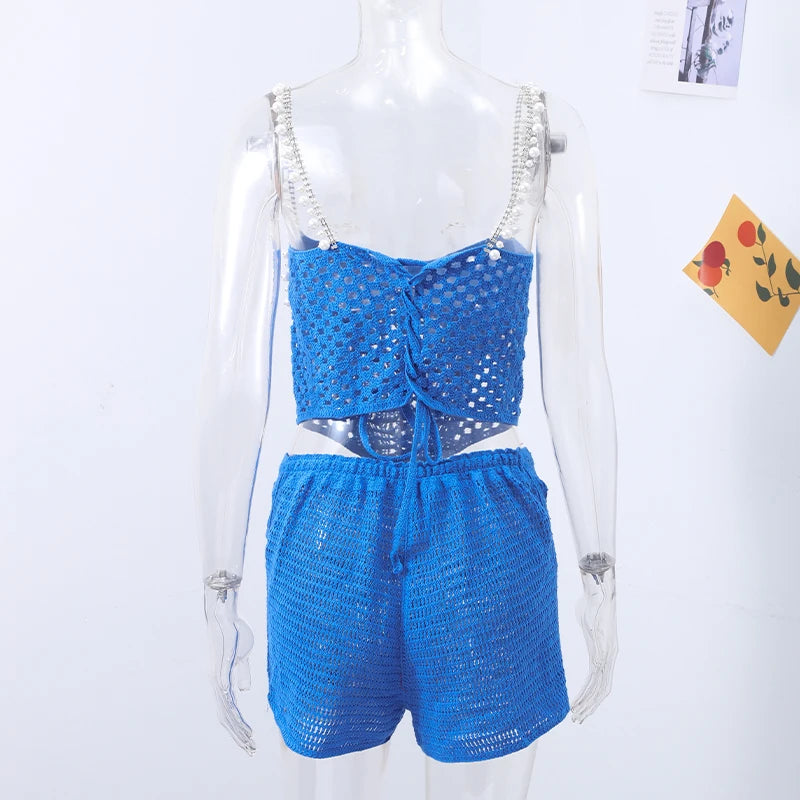 Sexy Beading Crochet Crop Vest Shorts Sets Women Slim Hollow Out Strapless Tops Drawstring Pants 2025 Summer Lady Beach Outfits