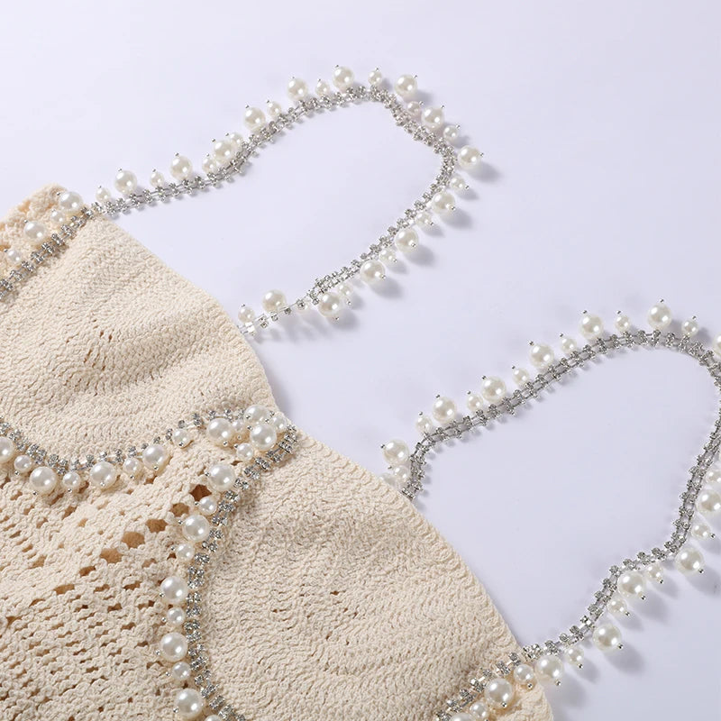Sexy Beading Crochet Crop Vest Shorts Sets Women Slim Hollow Out Strapless Tops Drawstring Pants 2025 Summer Lady Beach Outfits