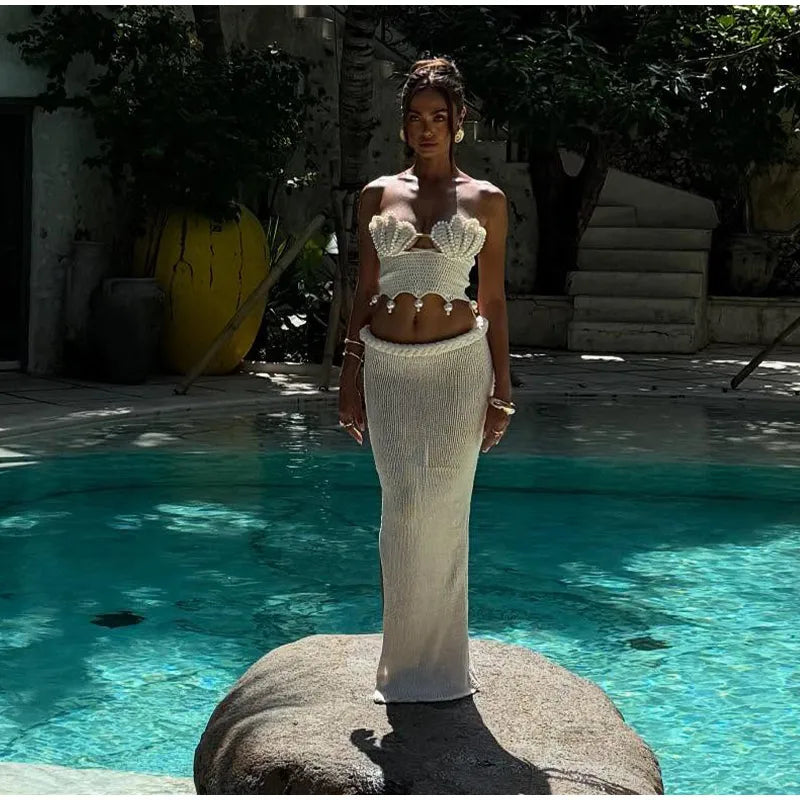 Crochet Knitted Pearl Bra Skirt Women Suit Backless Hollow Out Short Top Twists Long Skirt 2025 Summer Beach Holiday Female Set