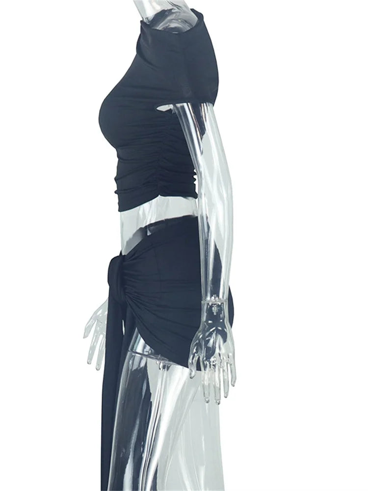 Weird Puss Hottie Ruched 2 Piece Set Women o-Neck Sleeveless Crop Tops+Skinny Bandage Tassel Skirts Matching Elegant Trend Suits