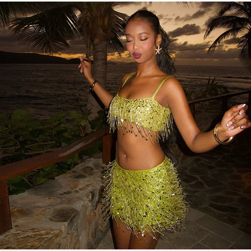 Sexy Sequins Tassel Skirt Sets Women Sling Crop Tops Hip Package A-line Short Skirts 2025 Summer Chic Beach Party Outfits Lady