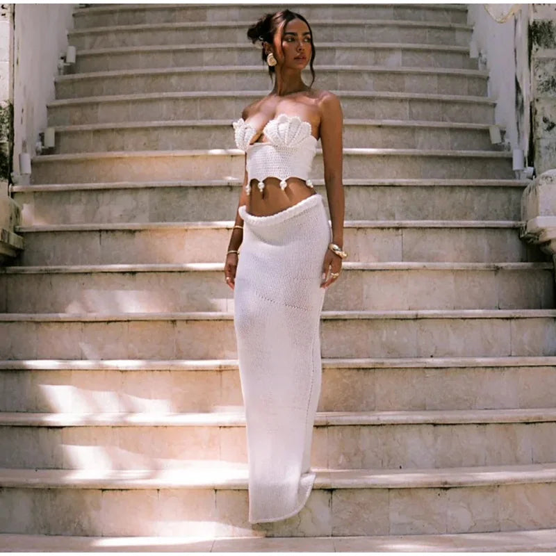 Crochet Knitted Pearl Bra Skirt Women Suit Backless Hollow Out Short Top Twists Long Skirt 2025 Summer Beach Holiday Female Set