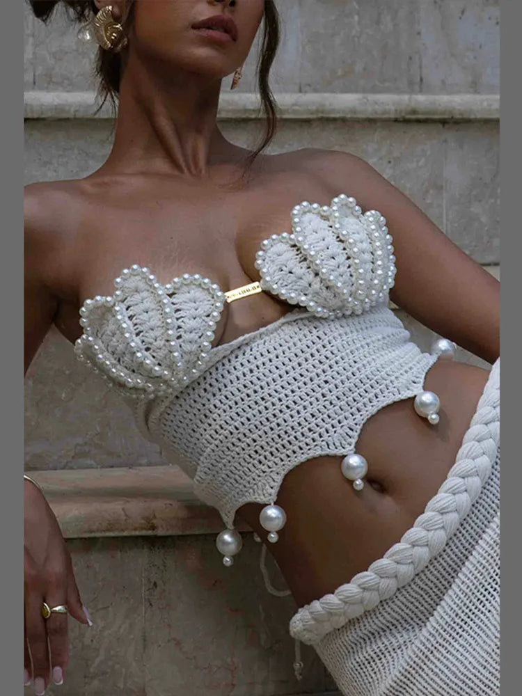 Crochet Knitted Pearl Bra Skirt Women Suit Backless Hollow Out Short Top Twists Long Skirt 2025 Summer Beach Holiday Female Set