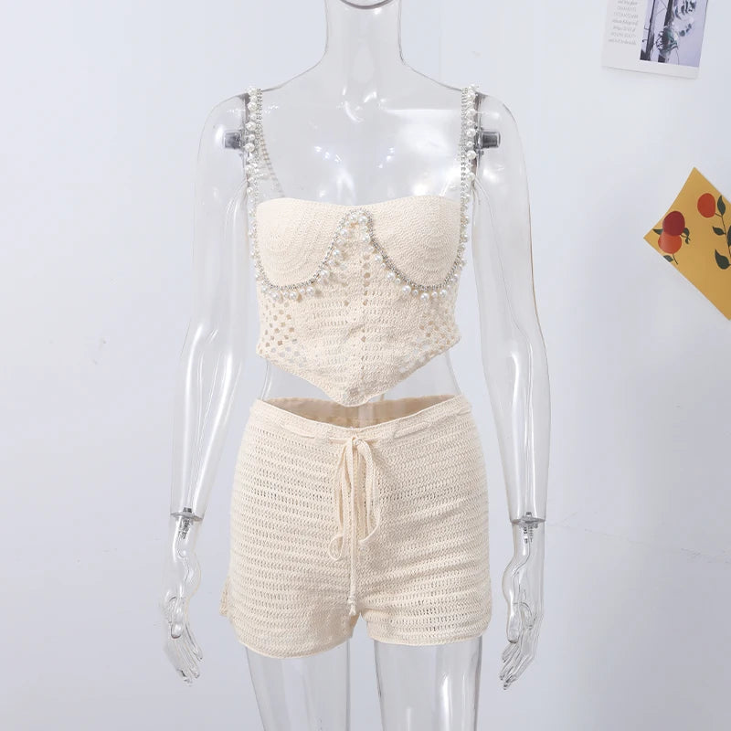 Sexy Beading Crochet Crop Vest Shorts Sets Women Slim Hollow Out Strapless Tops Drawstring Pants 2025 Summer Lady Beach Outfits