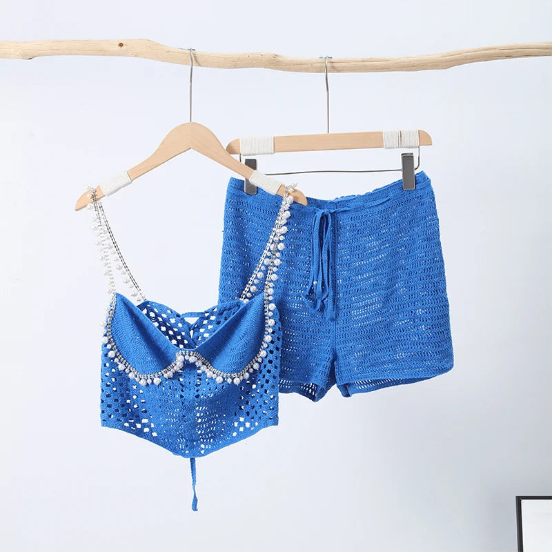 Sexy Beading Crochet Crop Vest Shorts Sets Women Slim Hollow Out Strapless Tops Drawstring Pants 2025 Summer Lady Beach Outfits