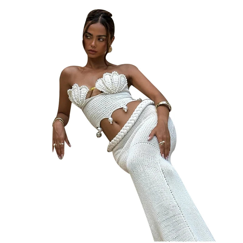 Crochet Knitted Pearl Bra Skirt Women Suit Backless Hollow Out Short Top Twists Long Skirt 2025 Summer Beach Holiday Female Set