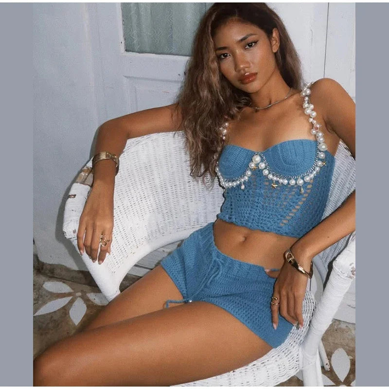 Sexy Beading Crochet Crop Vest Shorts Sets Women Slim Hollow Out Strapless Tops Drawstring Pants 2025 Summer Lady Beach Outfits