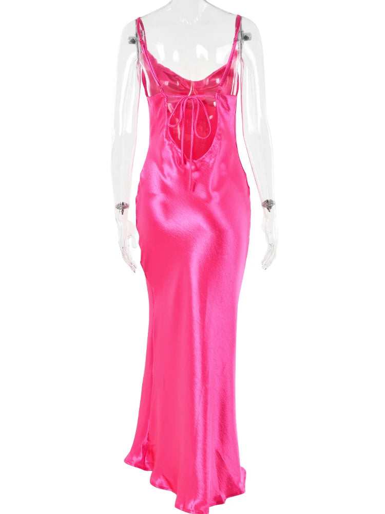 Articat Gold Satin Lace Up Sexy Party Dress Women Strap Backless Silk Long Dress Elegant Club Evening Soft Winter Dress Vestidos