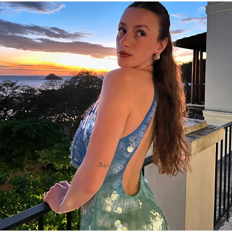 Sequins Halter Hollow Out Dress Women's Sexy Backless Sleeveless Contrast Color Mini Dresses 2025 Summer New Lady Beach Robes