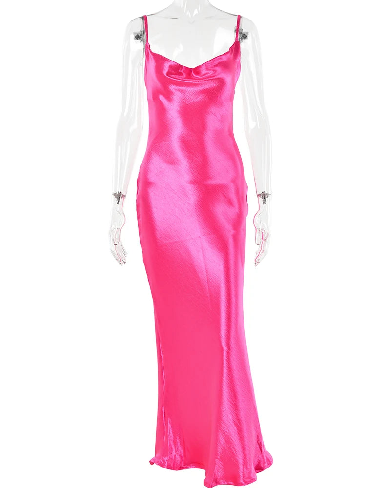 Articat Gold Satin Lace Up Sexy Party Dress Women Strap Backless Silk Long Dress Elegant Club Evening Soft Winter Dress Vestidos