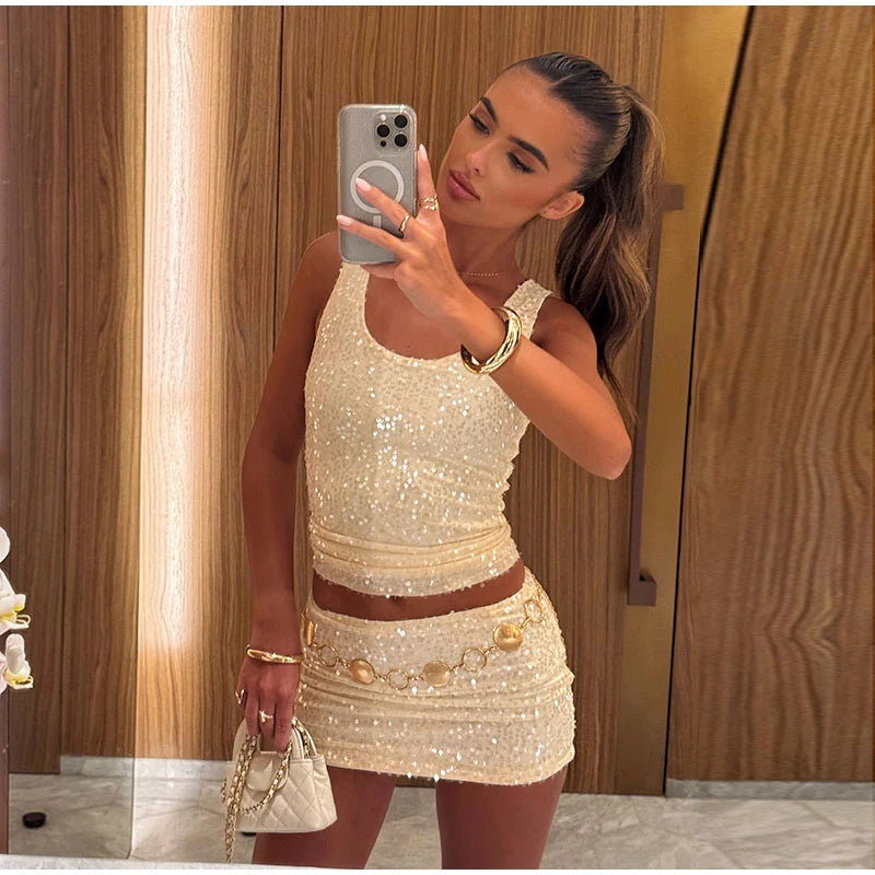 Sexy Sequined Mini Skirt Set Women Square Collar Sleeveless Sling Top A-line Skirts 2025 Spring Summer Lady High Street Outfits