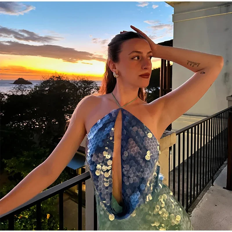 Sequins Halter Hollow Out Dress Women's Sexy Backless Sleeveless Contrast Color Mini Dresses 2025 Summer New Lady Beach Robes