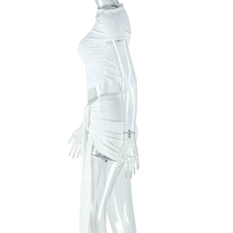 Weird Puss Hottie Ruched 2 Piece Set Women o-Neck Sleeveless Crop Tops+Skinny Bandage Tassel Skirts Matching Elegant Trend Suits