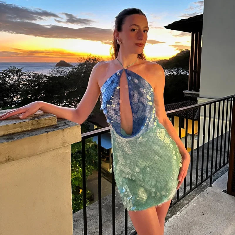 Sequins Halter Hollow Out Dress Women's Sexy Backless Sleeveless Contrast Color Mini Dresses 2025 Summer New Lady Beach Robes