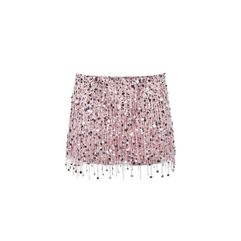 Sexy Sequins Tassel Skirt Sets Women Sling Crop Tops Hip Package A-line Short Skirts 2025 Summer Chic Beach Party Outfits Lady