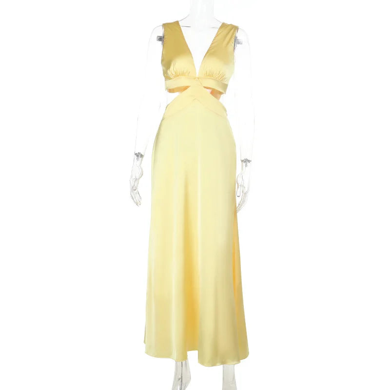 Tornova Deep V neck Hollow Long Dress Female Sleeveless Slit Beach Vacation Dress Solid Color High Waist Bodycon Women's Dress