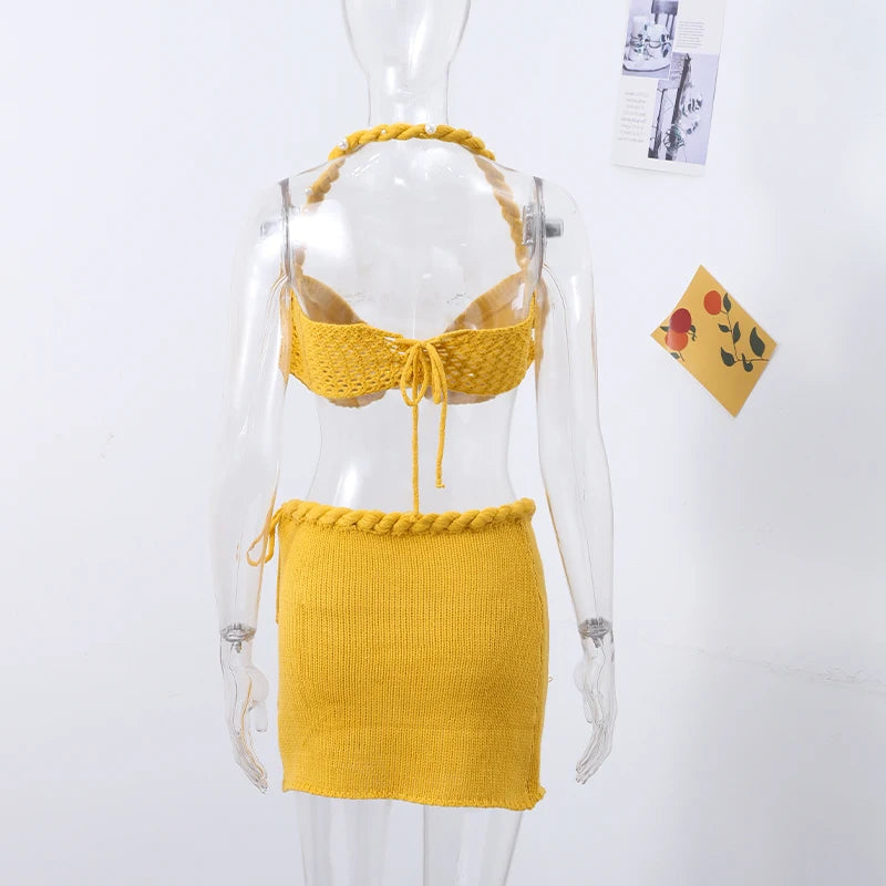 Sexy Beading Halter Bikini Mini Skirt Sets Women Crochet Crop Top High Waist Hip Package Skirts 2024 Summer Solid Lady Outfit