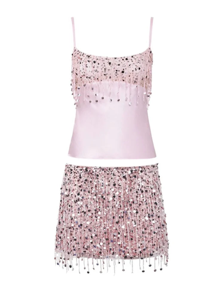 Sexy Sequins Tassel Skirt Sets Women Sling Crop Tops Hip Package A-line Short Skirts 2025 Summer Chic Beach Party Outfits Lady