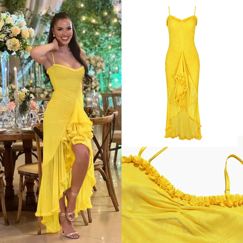Suninheart Irregular Mesh Party Dresses 2025 New Arrivals Spaghetti Strap Bodycon Dress Fashion Ruched Long Dress Women