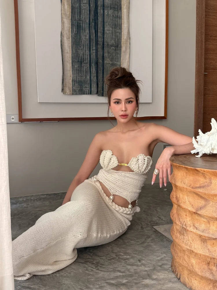 Crochet Knitted Pearl Bra Skirt Women Suit Backless Hollow Out Short Top Twists Long Skirt 2025 Summer Beach Holiday Female Set