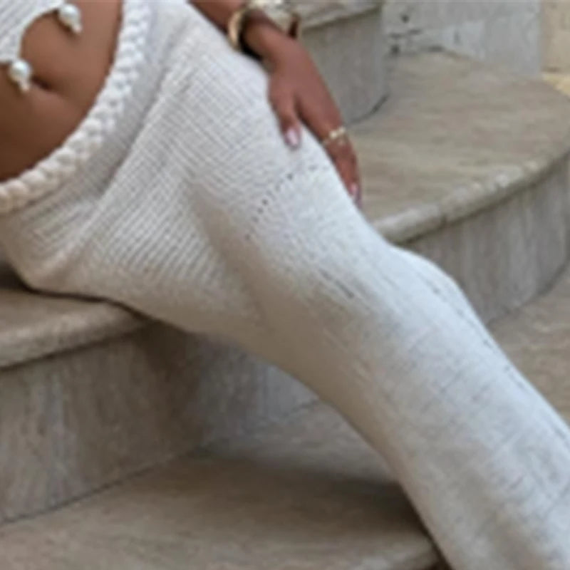 Crochet Knitted Pearl Bra Skirt Women Suit Backless Hollow Out Short Top Twists Long Skirt 2025 Summer Beach Holiday Female Set