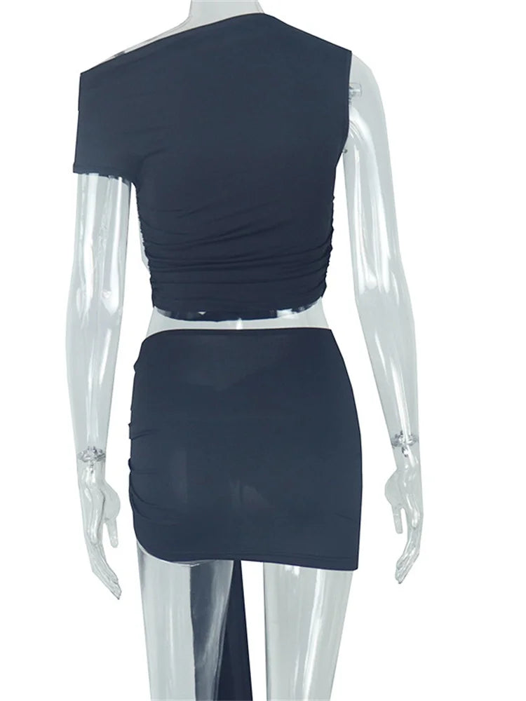 Weird Puss Hottie Ruched 2 Piece Set Women o-Neck Sleeveless Crop Tops+Skinny Bandage Tassel Skirts Matching Elegant Trend Suits