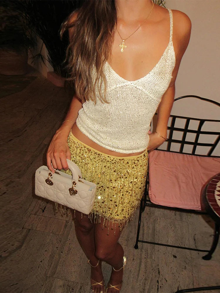 Sexy Sequins Tassel Skirt Sets Women Sling Crop Tops Hip Package A-line Short Skirts 2025 Summer Chic Beach Party Outfits Lady