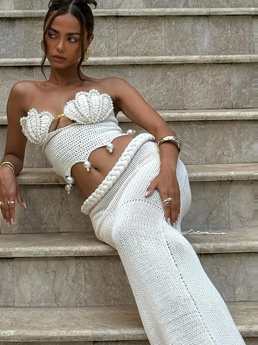Crochet Knitted Pearl Bra Skirt Women Suit Backless Hollow Out Short Top Twists Long Skirt 2025 Summer Beach Holiday Female Set
