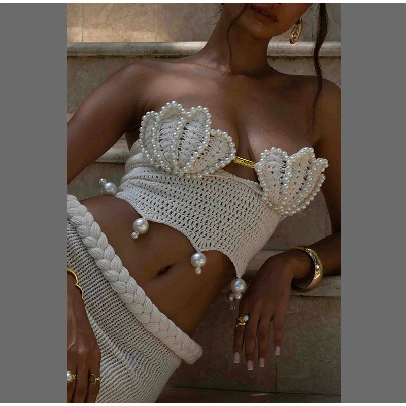 Crochet Knitted Pearl Bra Skirt Women Suit Backless Hollow Out Short Top Twists Long Skirt 2025 Summer Beach Holiday Female Set