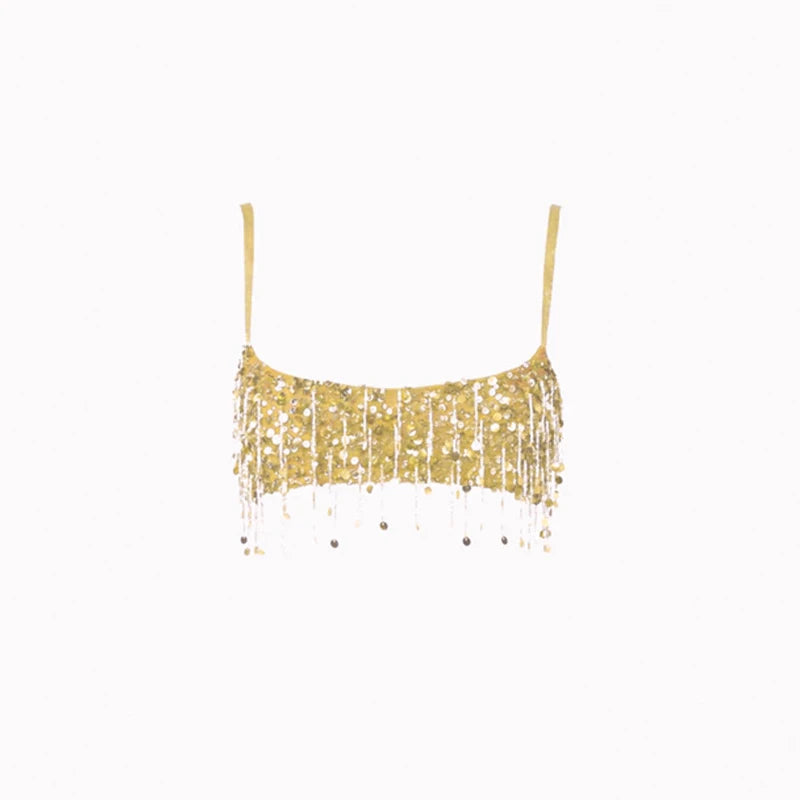 Sexy Sequins Tassel Skirt Sets Women Sling Crop Tops Hip Package A-line Short Skirts 2025 Summer Chic Beach Party Outfits Lady