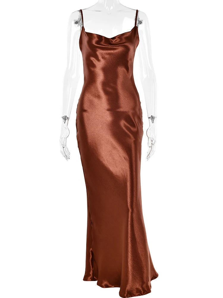 Articat Gold Satin Lace Up Sexy Party Dress Women Strap Backless Silk Long Dress Elegant Club Evening Soft Winter Dress Vestidos