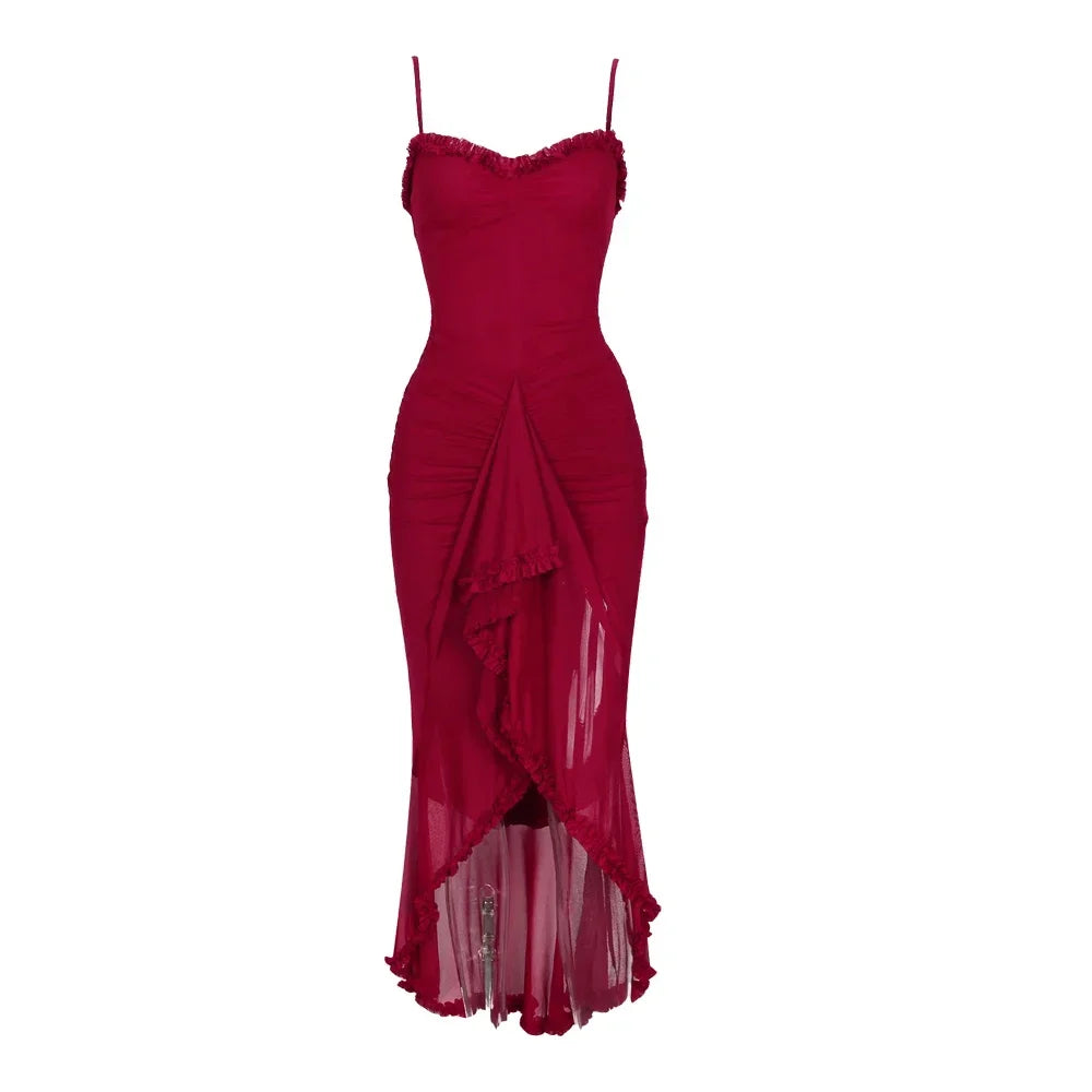 Suninheart Irregular Mesh Party Dresses 2025 New Arrivals Spaghetti Strap Bodycon Dress Fashion Ruched Long Dress Women